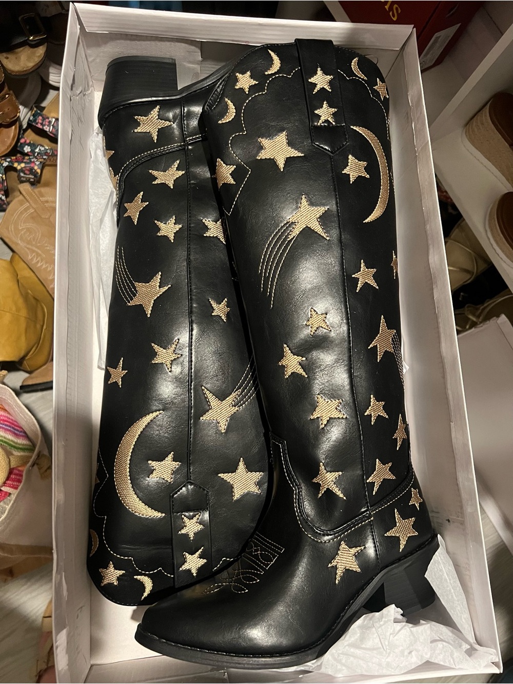Pink Lily Boutique Black Star & Moon Embroidered Knee-High Boots **Never worn**